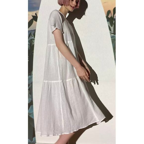 Urban Outfitters Urban Renewal White Gauzy Tiered Cotton Dress M NWT - Picture 1 of 7